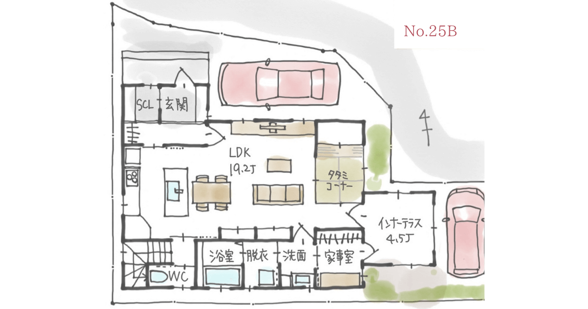 インナーテラスを活かした洗濯動線の良い間取り【36坪3LDK2階建】No.25B | みゆう間取り相談室