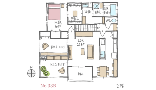 家に居場所が複数ある、洗濯動線の良い間取り【32坪3LDK2階建】No.33B