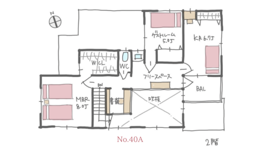 インナーテラスと開放的な吹抜けのある二世帯住宅の間取り【45坪4LDK】No.40A
