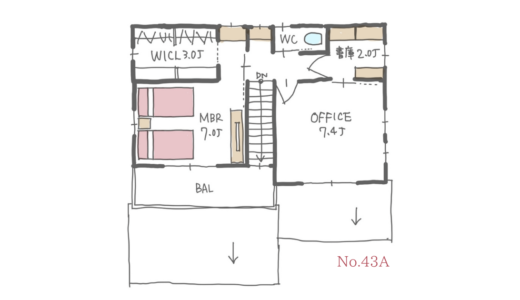 オフィスと書庫がある、回遊動線の家の間取り【30坪2LDK2階建】No.43A
