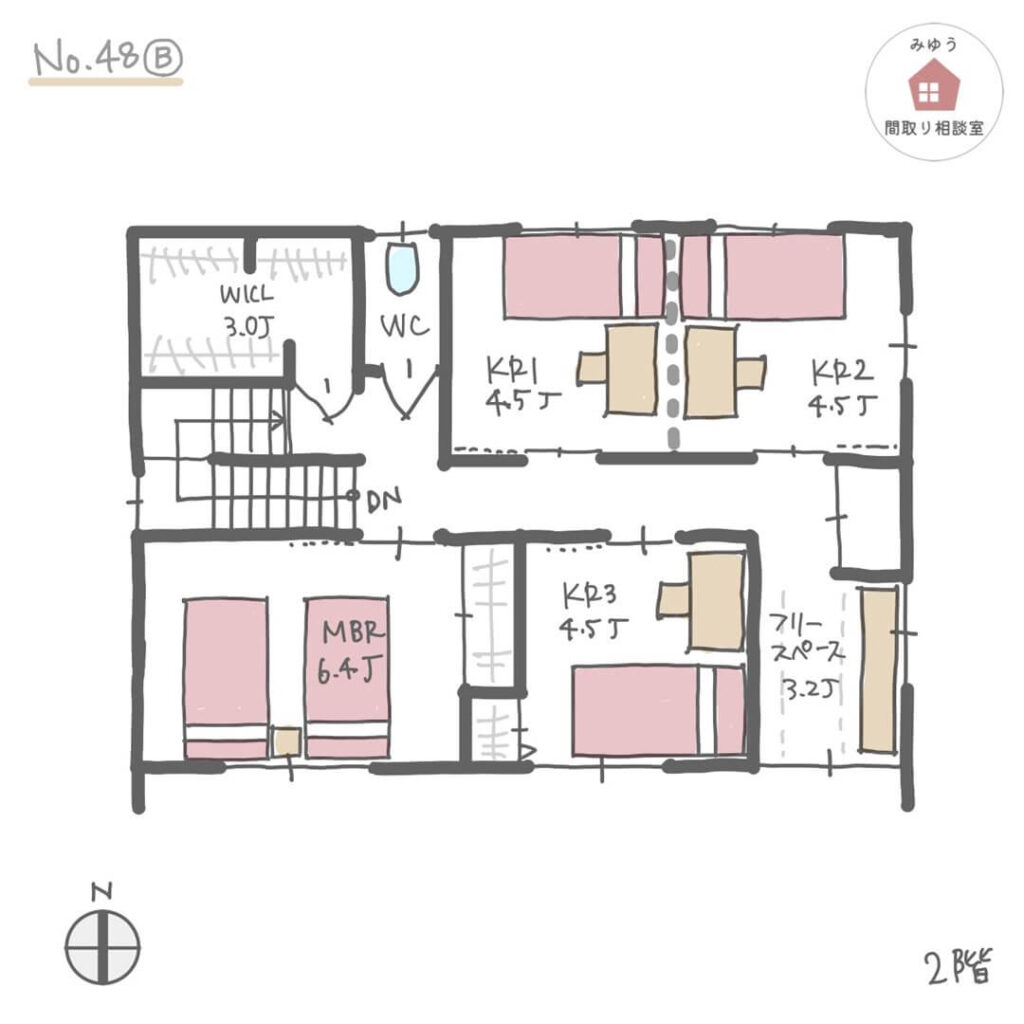 庭に繋がるLDKと和室、ウッドデッキのある間取り【35坪5LDK2階建】No.48B-2階