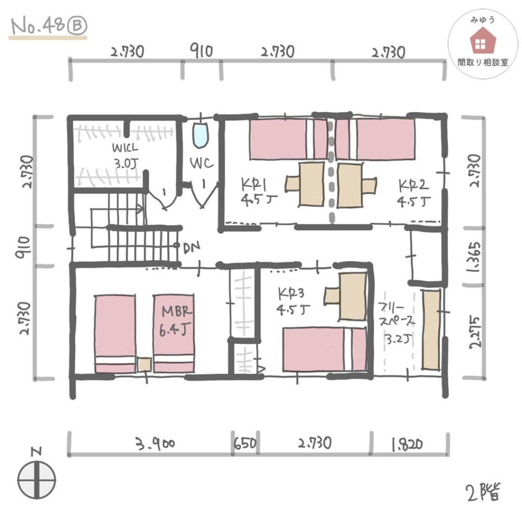 庭に繋がるLDKと和室、ウッドデッキのある間取り【35坪5LDK2階建】No.48B-寸法有2階