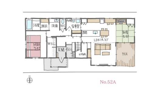 １階に主寝室があるほぼ平屋建の間取り【37坪4LDK2階建】No.52A