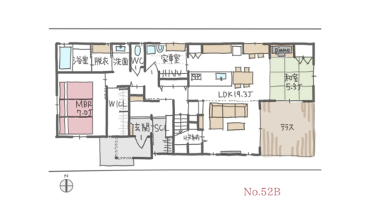 洗濯動線が良く、家事室のあるほぼ平屋建の間取り【40坪4LDK2階建】No.52B