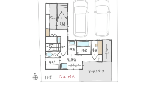 外干しテラスと家事室が隣合う、３階建て住宅の間取り【34坪3LDK3階建】No.54A