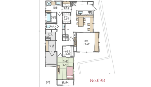 キッチン横に家事室がある完全同居型二世帯住宅の間取り【36坪3LDK2階建】No.69B