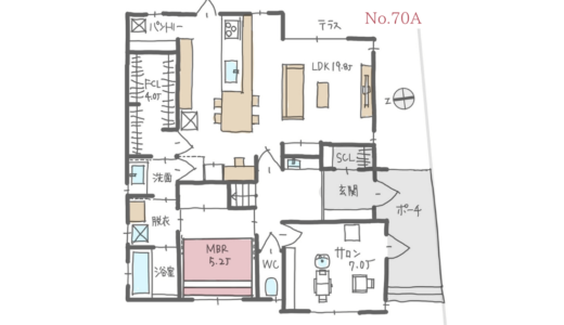 １階で家事が完結するサロン併設住宅の間取り【38坪3LDK】No.70A