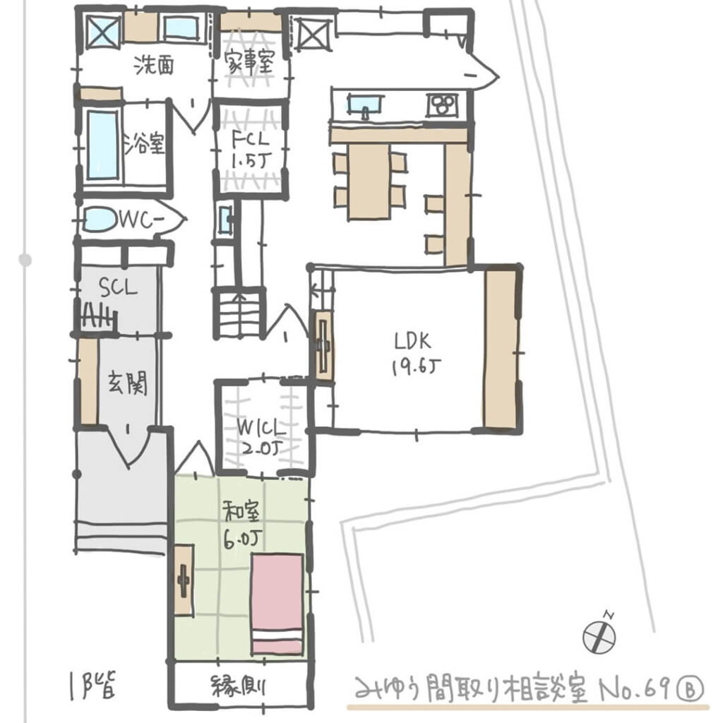 キッチン横に家事室がある完全同居型二世帯住宅の間取り１階No.69B