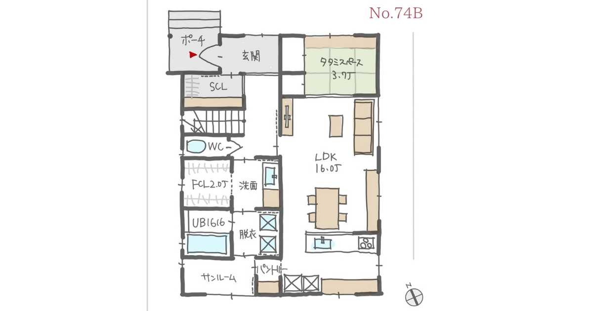 南面にサンルームがあり、回遊できる家事動線の間取り【35坪4LDK2階建】No.74B | みゆう間取り相談室