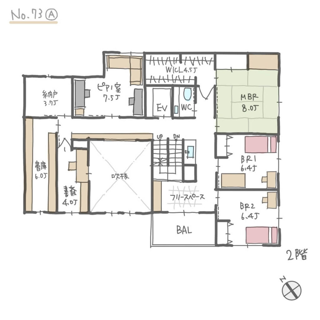 吹抜けのある広いLDKを設け、家族それぞれの居場所を確保した二世帯住宅の間取り２階No.73A