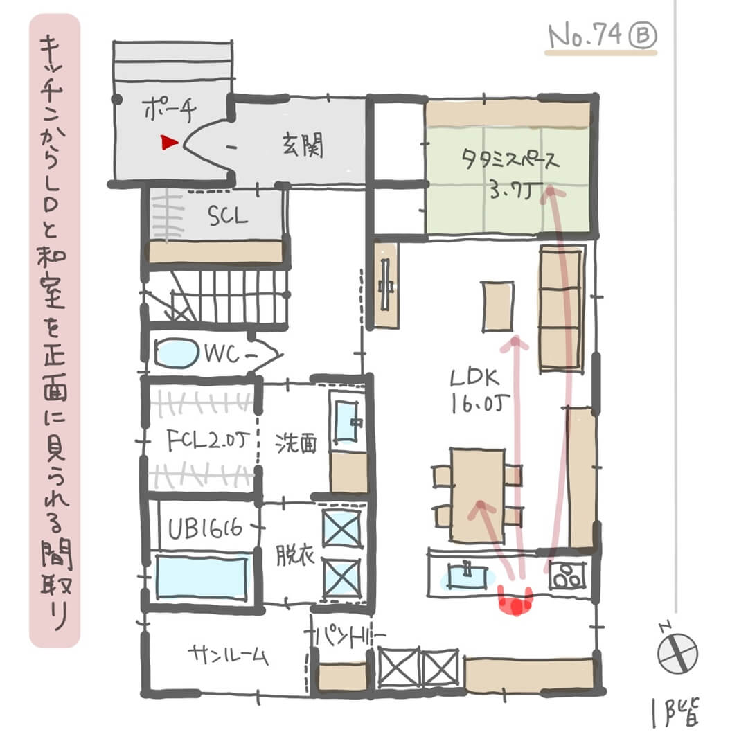 キッチンからダイニング、リビング、和室を正面に見られる間取りNo.74B