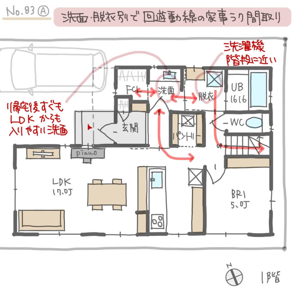 洗面・脱衣別でファミクロが近接した回遊動線の間取り【34坪5LDK2階建】No.83A | みゆう間取り相談室