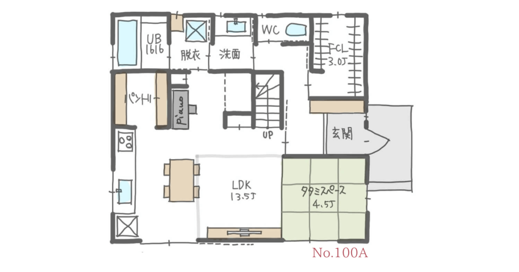 1階で家事が完結する家事動線の良い間取り【33坪3LDK2階建】No.100A | みゆう間取り相談室