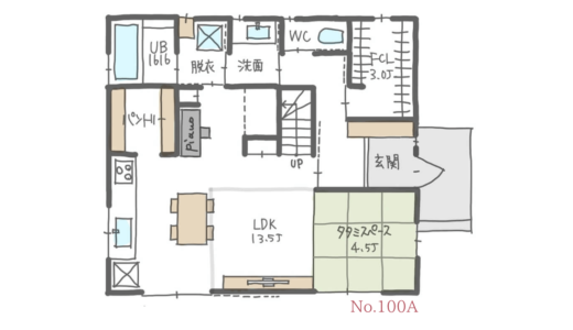 １階で家事が完結する家事動線の良い間取り【33坪3LDK2階建】No.100A
