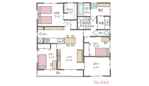 玄関で二世帯が行き来できて子世帯が２階の完全分離型二世帯住宅【57坪3LDK＋4LDK2階建】No.94A