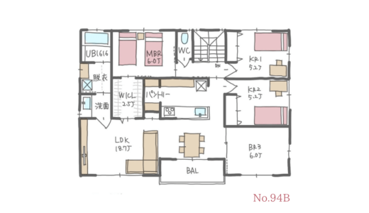 親世帯子世帯共にリビングに近接して個室を配置した完全分離型二世帯住宅【57坪3LDK＋4LDK2階建】No.94B