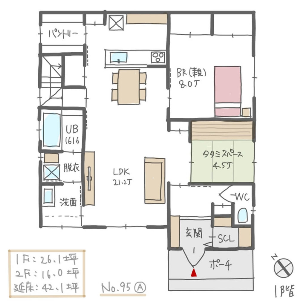 完全同居型二世帯住宅でリビング横に親世帯個室がある間取り【42坪3LDK2階建】１階