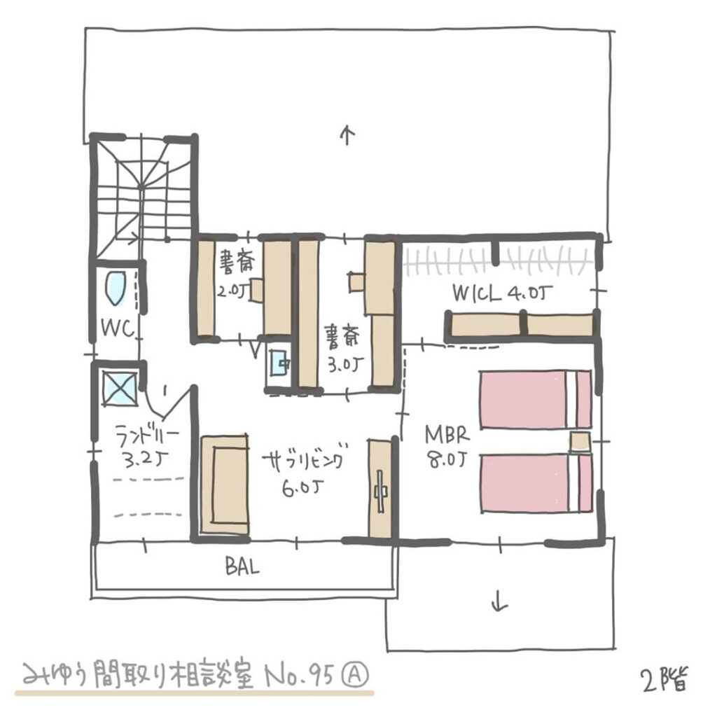 完全同居型二世帯住宅でリビング横に親世帯個室がある間取り【42坪3LDK2階建】２階