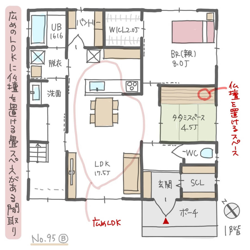 仏壇を置ける畳スペースが広めのLDKに隣り合う二世帯住宅の間取り