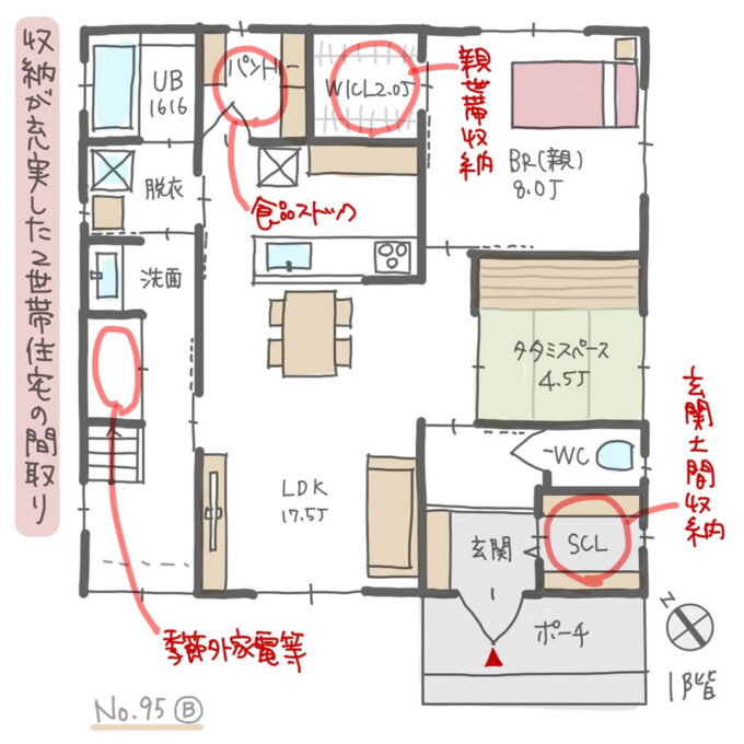 収納が充実した二世帯住宅の間取りNo.95B