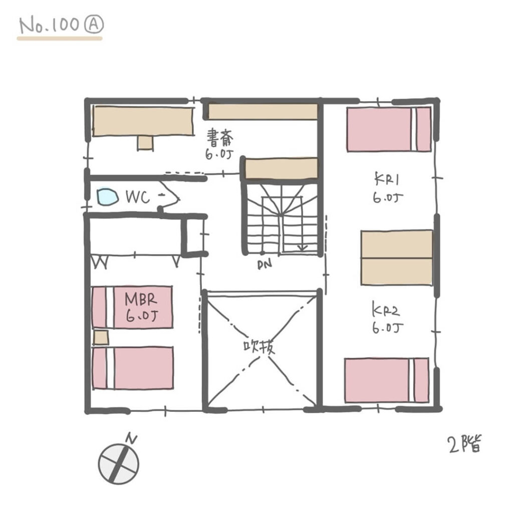 １階で家事が完結する家事動線の良い間取り【33坪3LDK2階建】No.100A２階