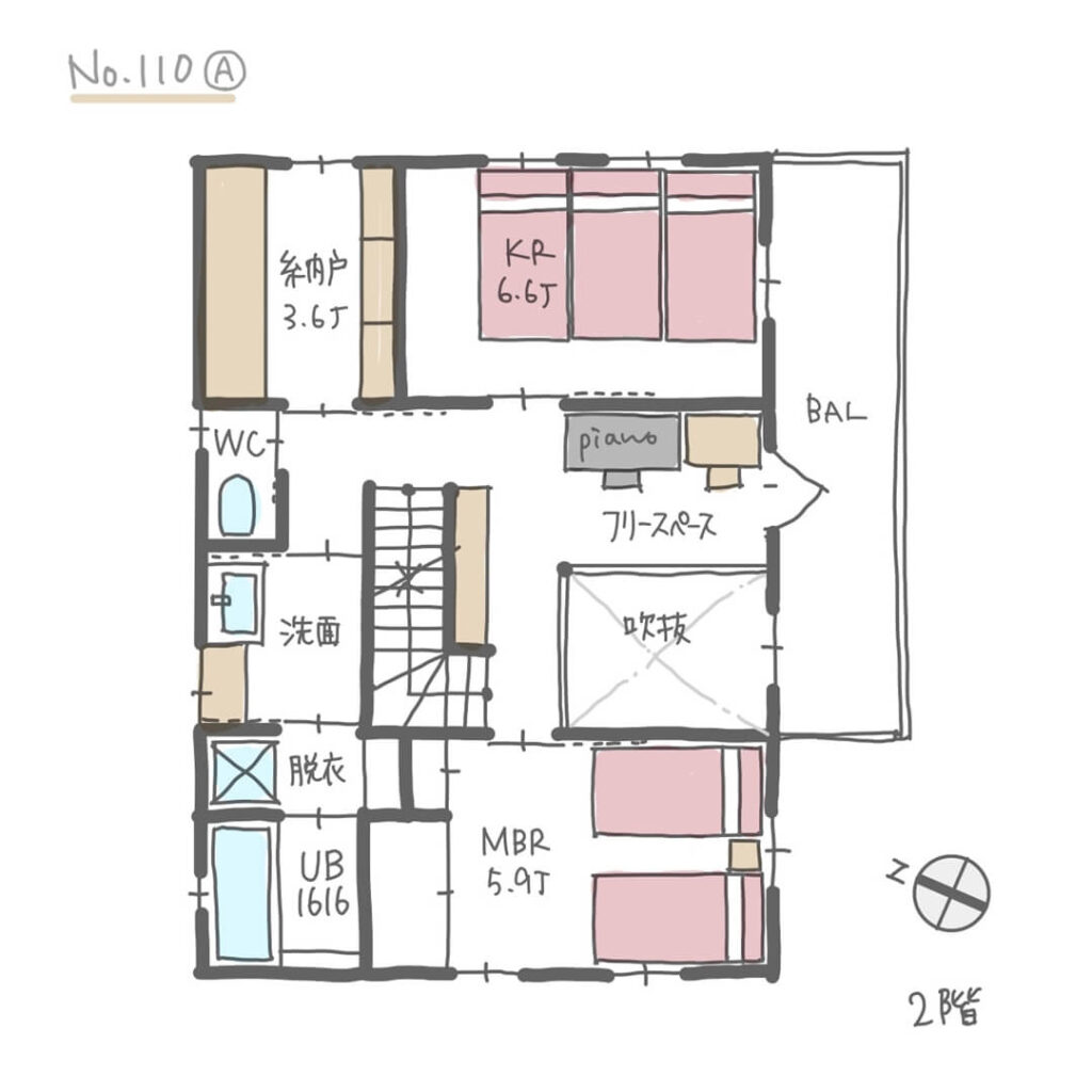 キッチン横にスタディルームがある子育てしやすい間取り【32坪3LDK2階建】No.110A２階