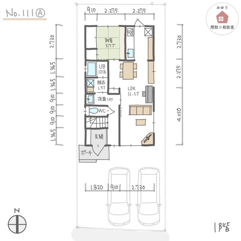 【27坪4LDK2階建間取り】縦長南道路No.111A（寸法入）1階