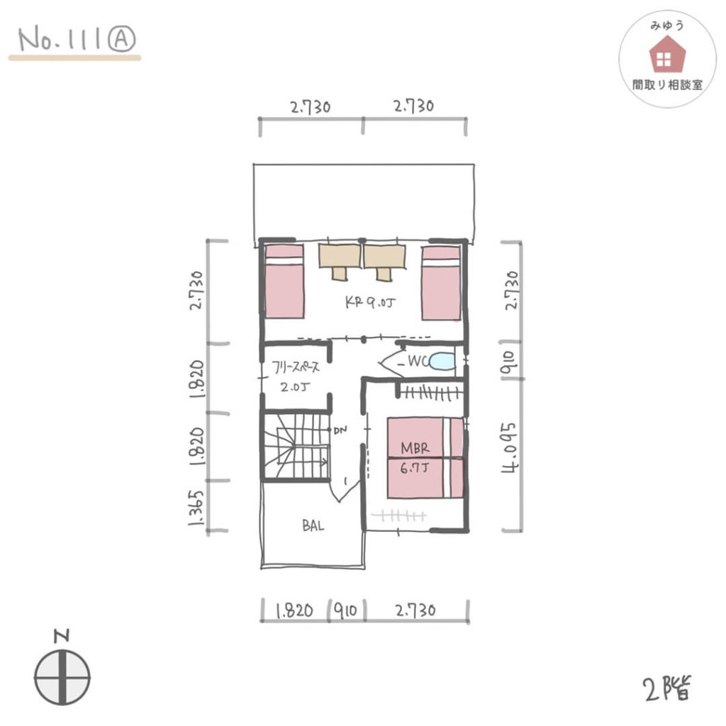 【27坪4LDK2階建間取り】縦長南道路No.111A（寸法入）2階