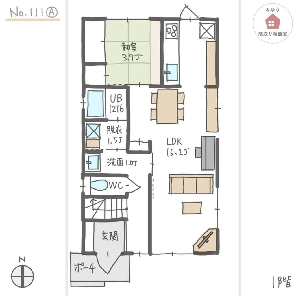 【27坪4LDK2階建間取り】縦長南道路No.111A　1階