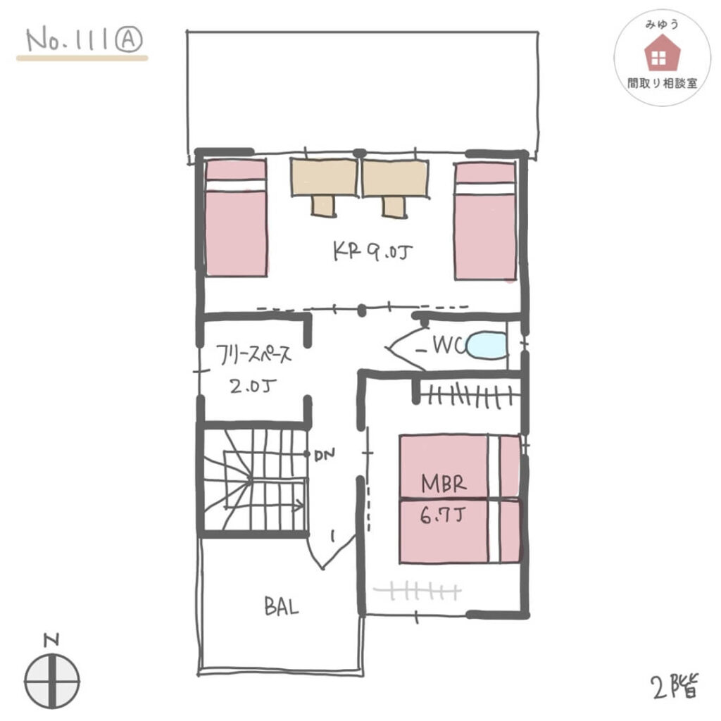 【27坪4LDK2階建間取り】縦長南道路No.111A　2階