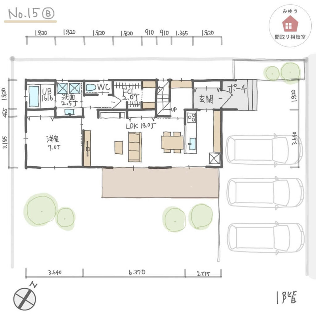 将来間仕切りできる広い子ども部屋のある間取り【35坪5LDK2階建】No.15B寸法有１階