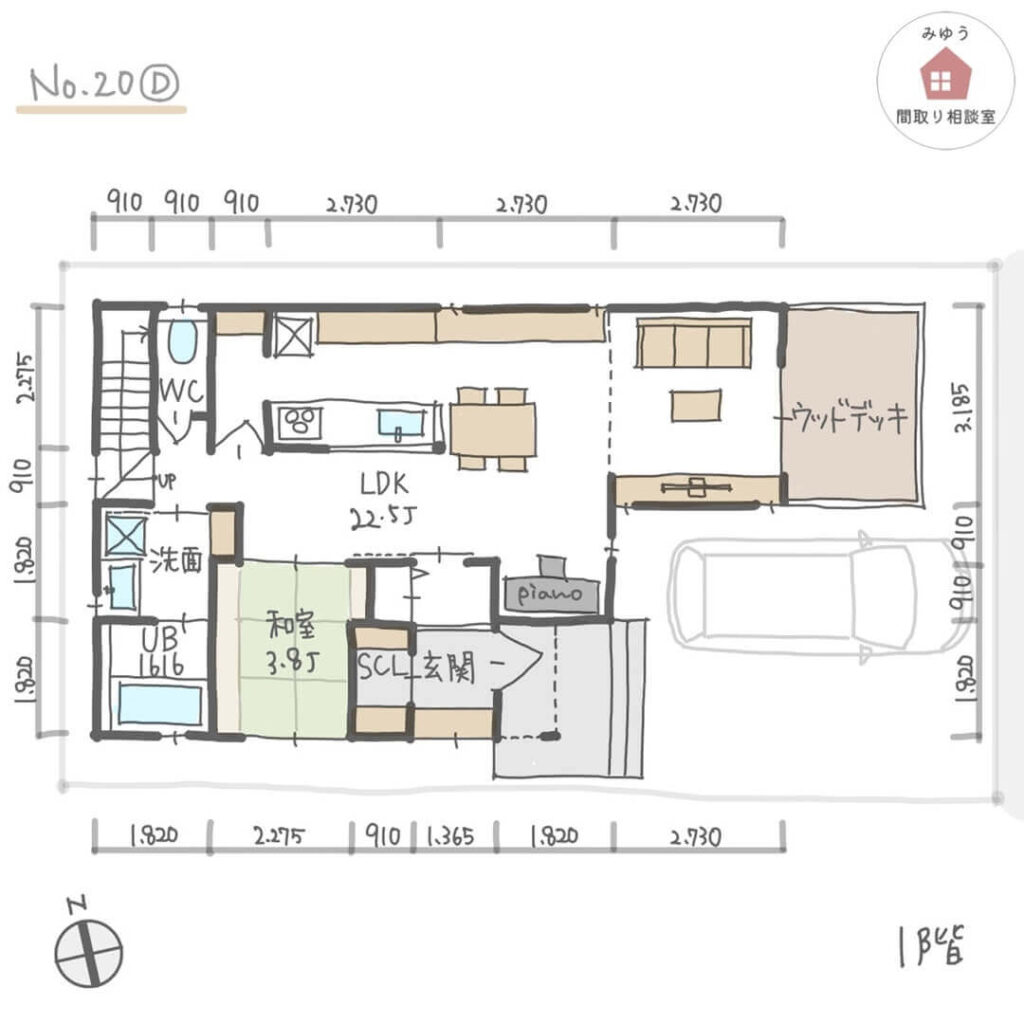 回遊できる収納動線で家事をシェアしやすくした間取り【33坪4LDK2階建】No.20D-寸法有1階