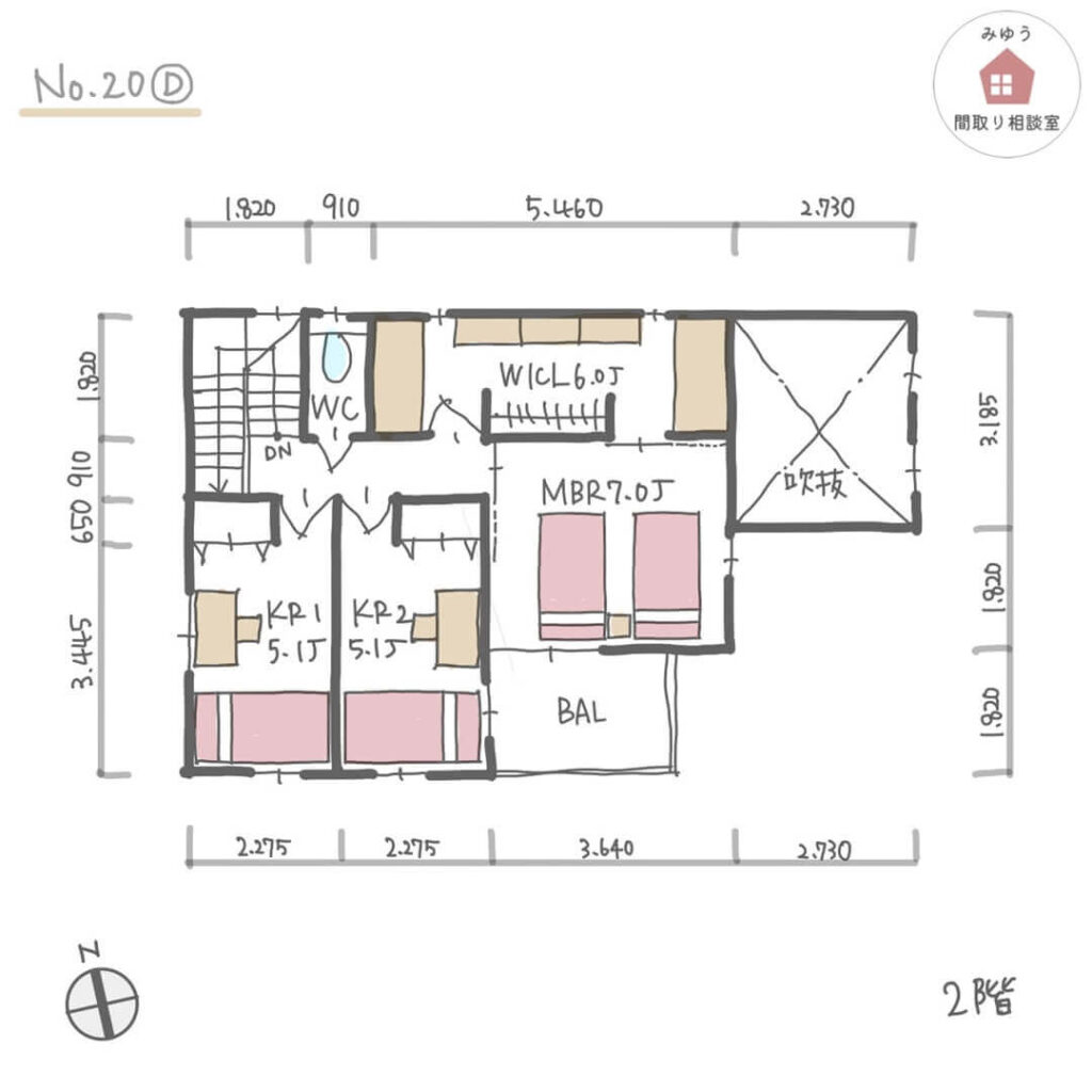 回遊できる収納動線で家事をシェアしやすくした間取り【33坪4LDK2階建】No.20D-寸法有2階