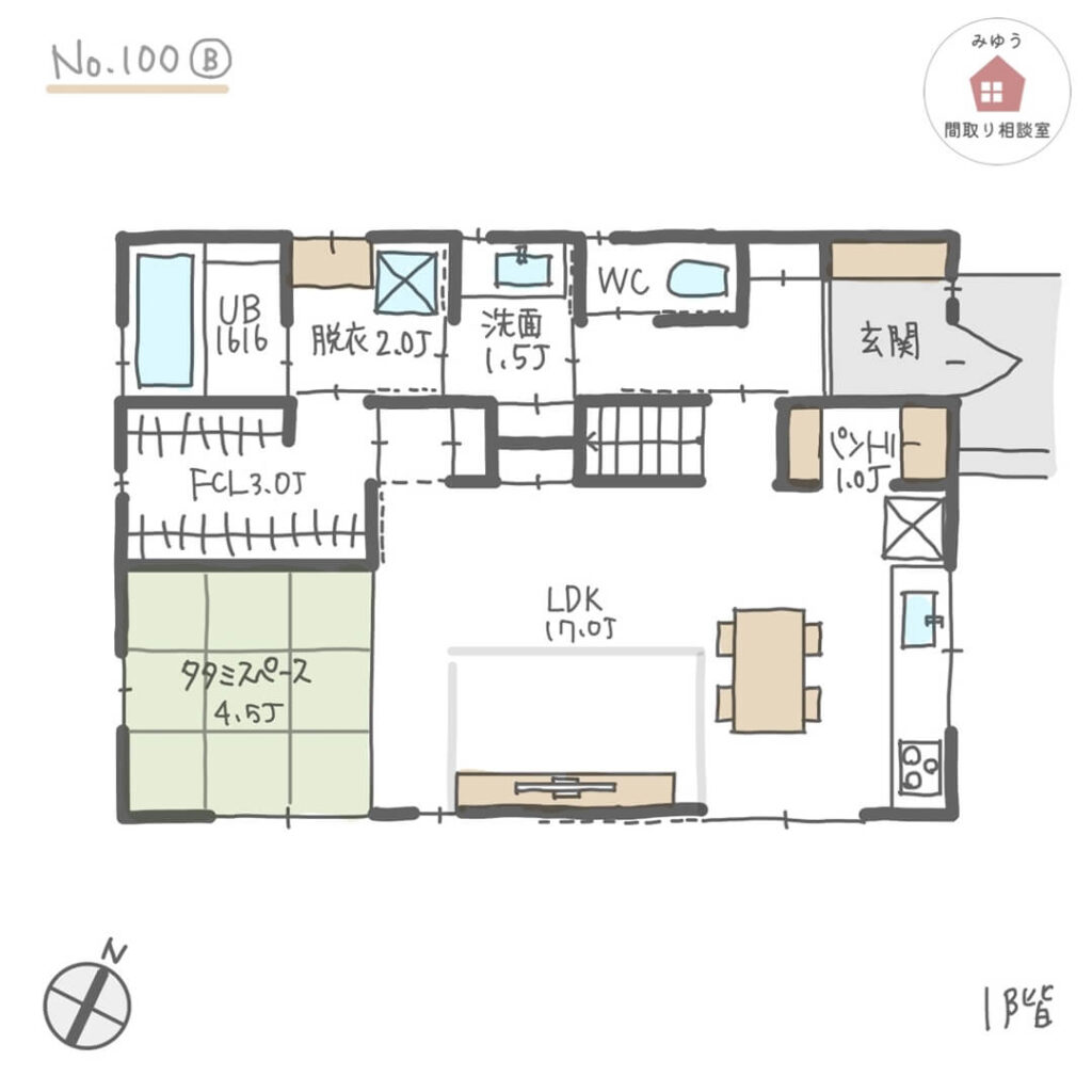 玄関から直接洗面所に入れる回遊動線の間取り【33坪3LDK2階建】No.100B-1階