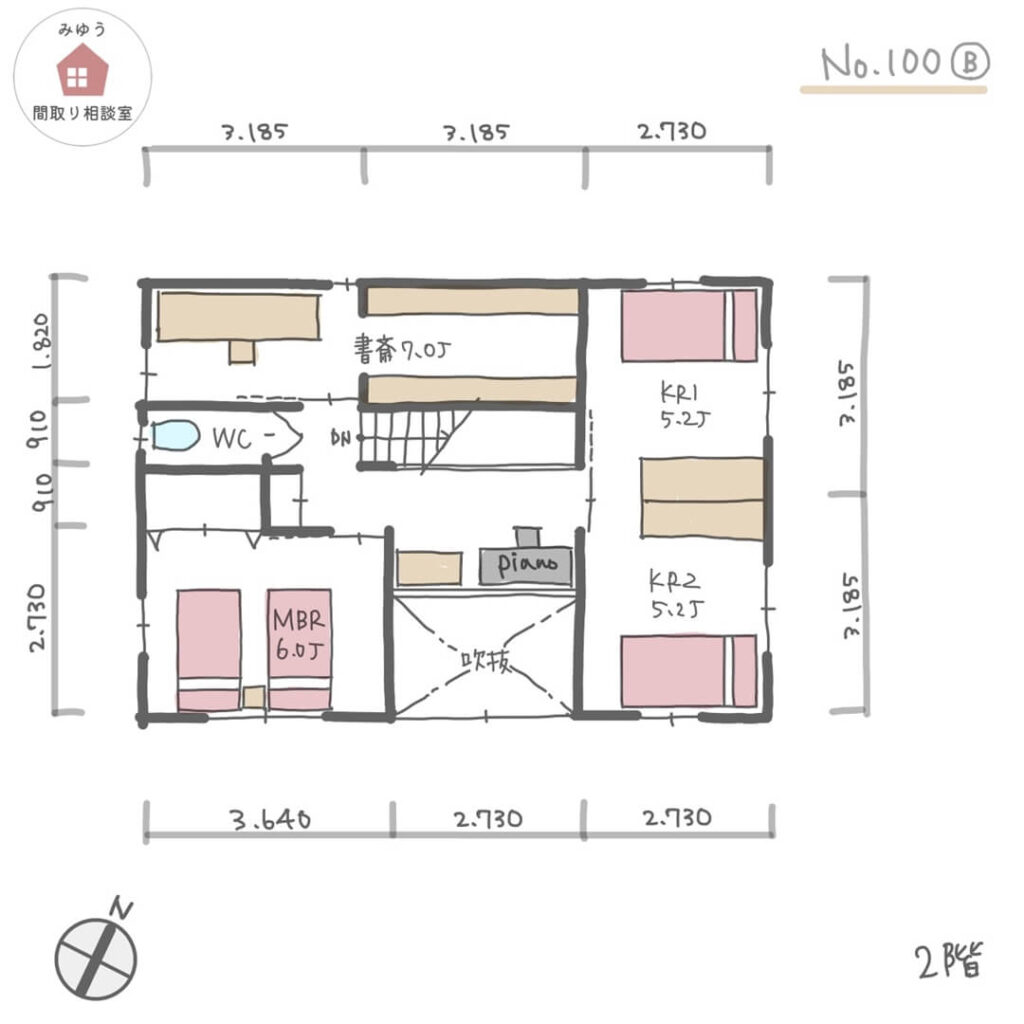 玄関から直接洗面所に入れる回遊動線の間取り【33坪3LDK2階建】No.100B-寸法有2階