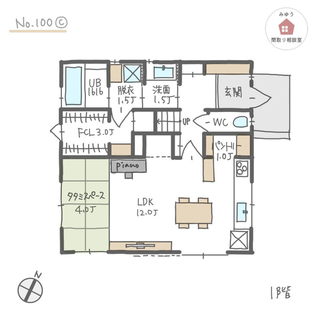 壁向きキッチンのある正方形総二階の間取り【32坪3LDK2階建】No.100C-1階