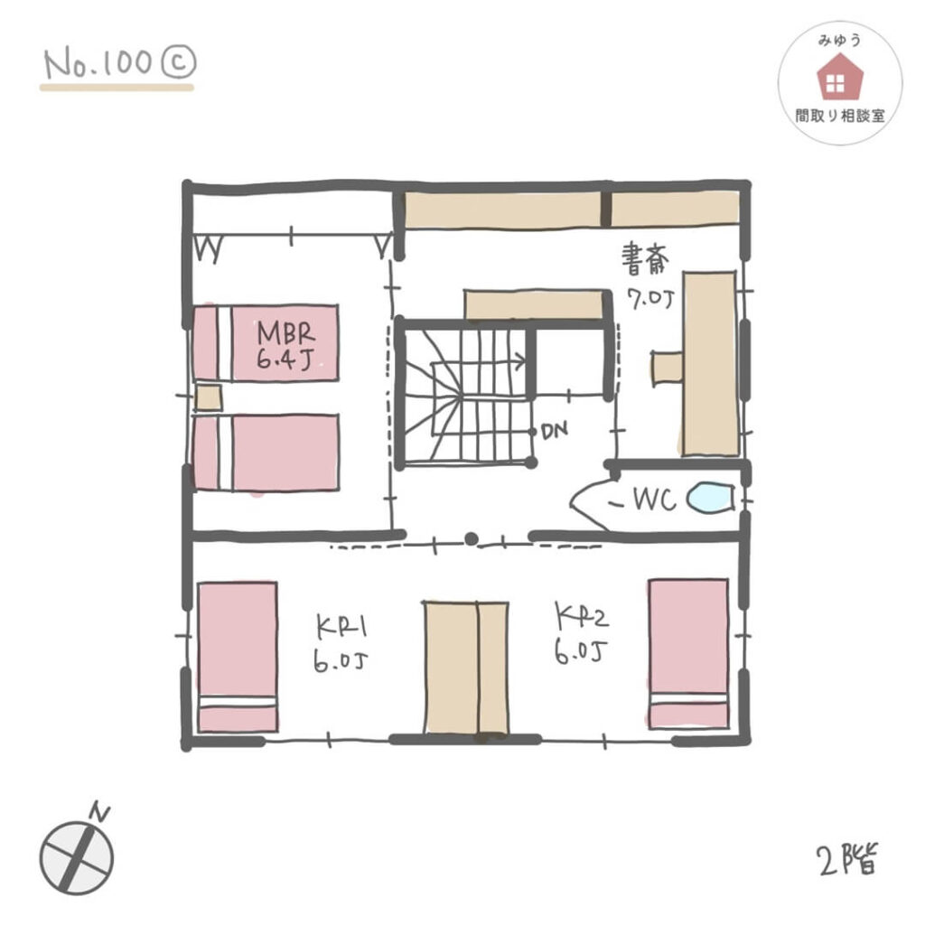 壁向きキッチンのある正方形総二階の間取り【32坪3LDK2階建】No.100C-2階