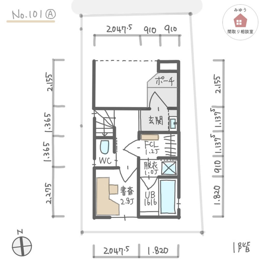 狭小住宅でも家事ラクで家族が心地よく暮らせる間取り【21坪2LDK3階建】No.101A-寸法有1階