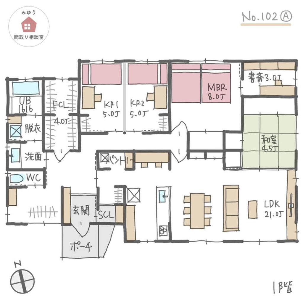 玄関横にあるシューズクロークから直接パントリーに入れる平屋間取り【37坪4LDK平屋建】No.102A-1階