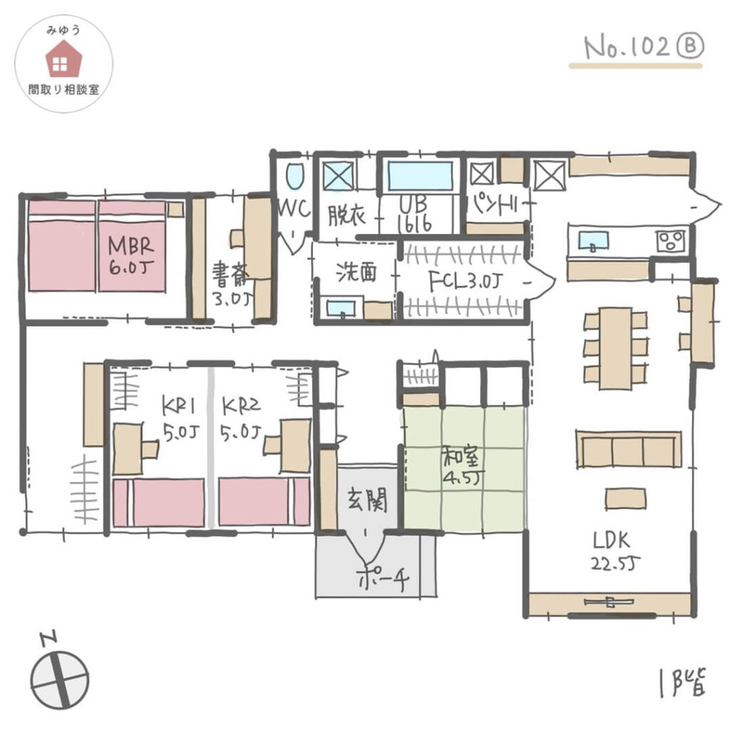 玄関から入れて、リビングからも一体に使える和室のある平屋間取り【36坪4LDK平屋建】No.102B-1階