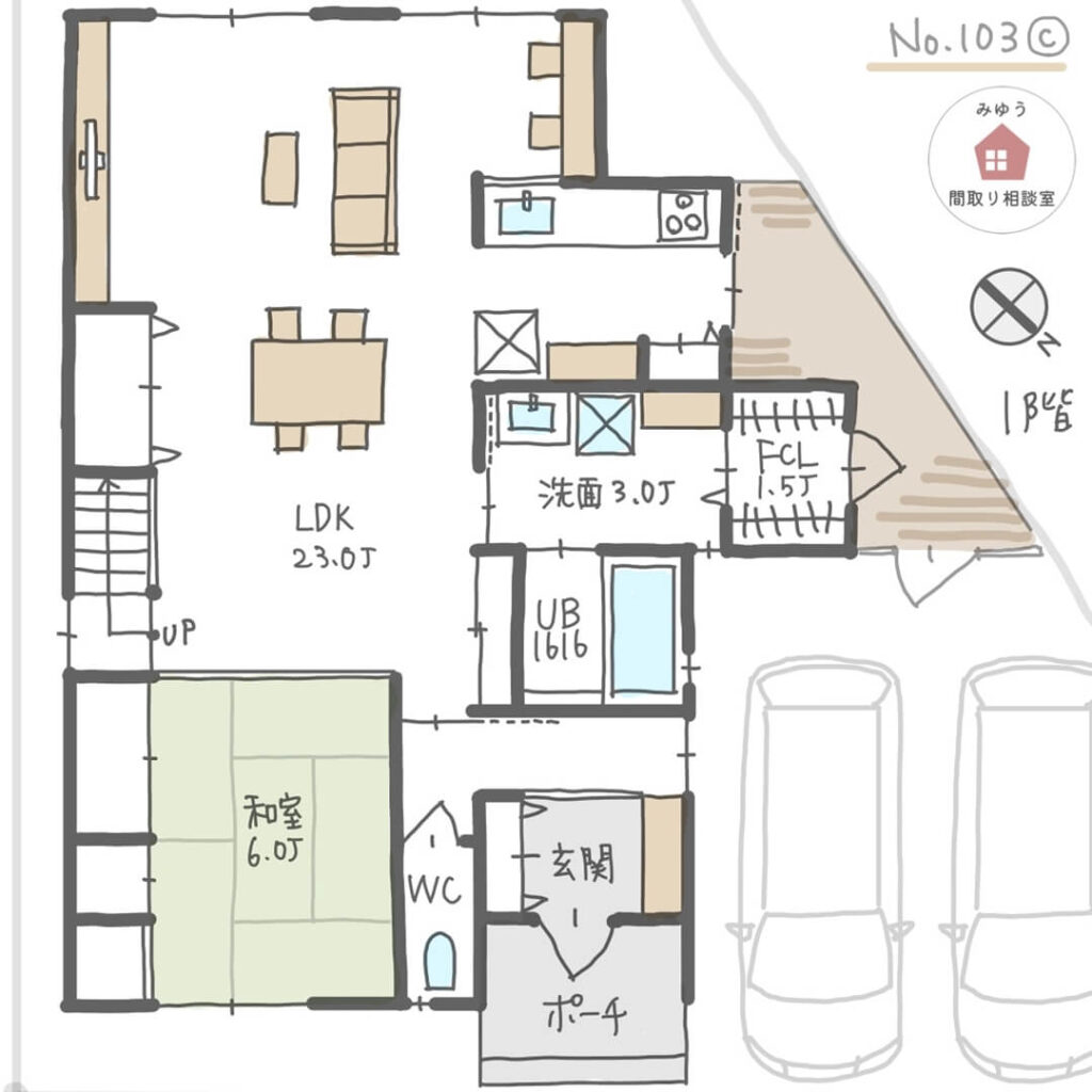 家族が過ごす場所の近くで家事ができる子育てしやすい間取り【38坪5LDK2階建】No.103C-1階