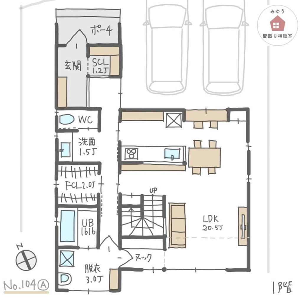 洗面・脱衣別でファミリークローゼットがある洗濯動線の良い間取り【37坪4LDK2階建】No.104A-1階