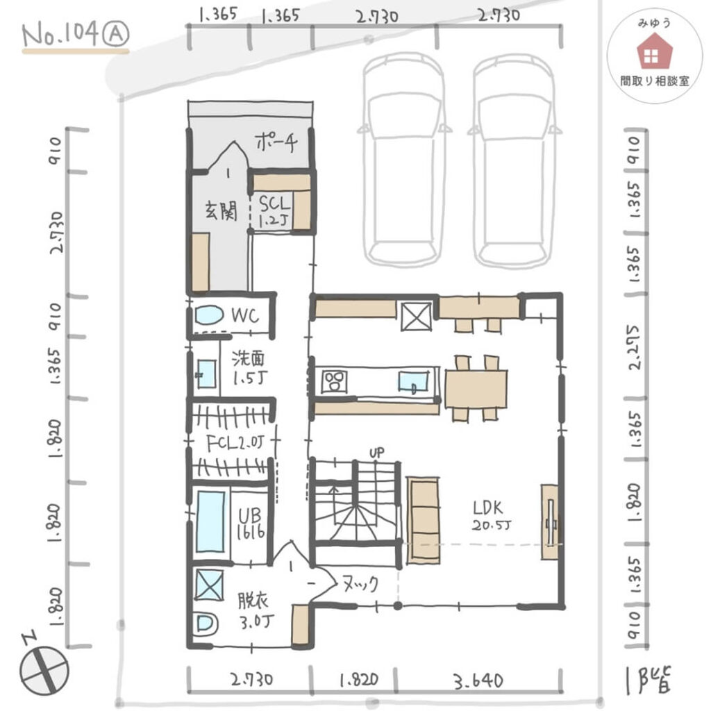 洗面・脱衣別でファミリークローゼットがある洗濯動線の良い間取り【37坪4LDK2階建】No.104A-寸法有1階