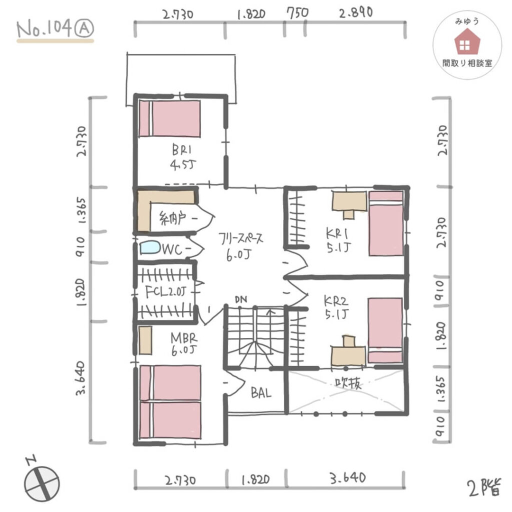 洗面・脱衣別でファミリークローゼットがある洗濯動線の良い間取り【37坪4LDK2階建】No.104A-寸法有2階