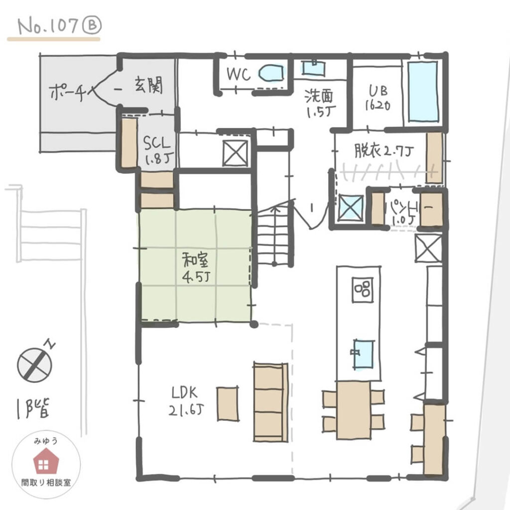 帰宅後手洗いうがいをしてからリビングダイニングに入れる間取り【37坪4LDK2階建】No.107B-1階