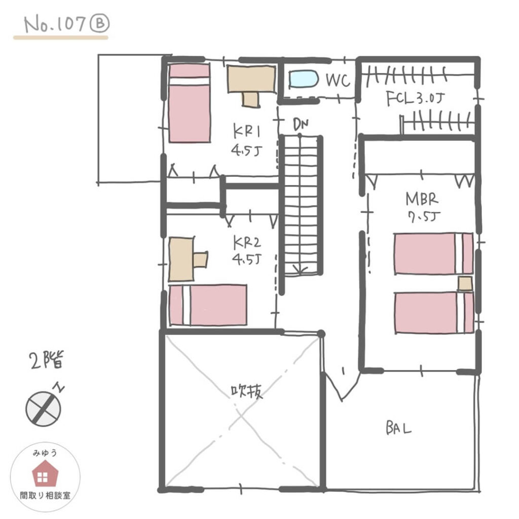 帰宅後手洗いうがいをしてからリビングダイニングに入れる間取り【37坪4LDK2階建】No.107B-2階