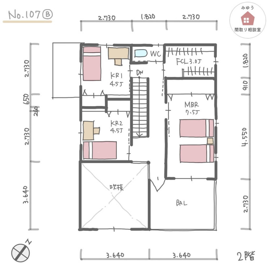 帰宅後手洗いうがいをしてからリビングダイニングに入れる間取り【37坪4LDK2階建】No.107B-寸法有2階