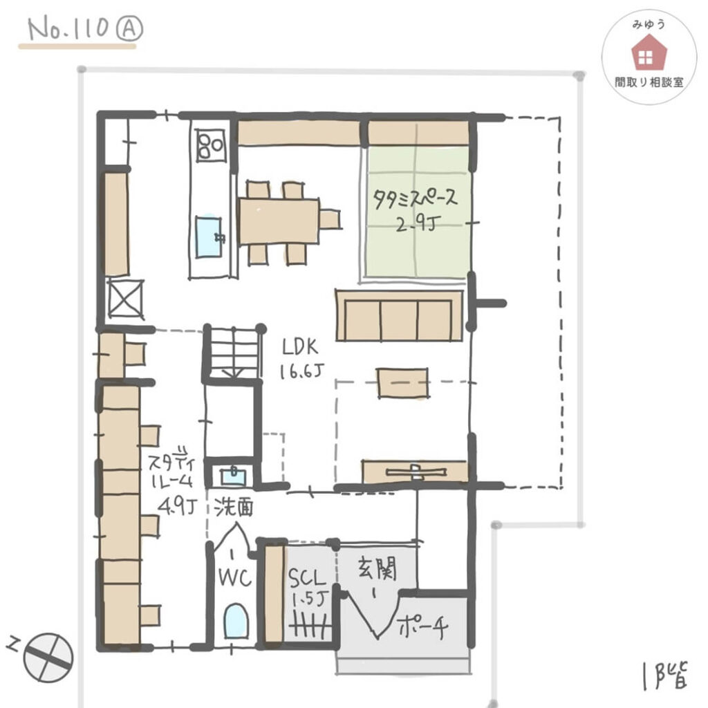 キッチン横にスタディルームがある子育てしやすい間取り【32坪3LDK2階建】No.110A-1階