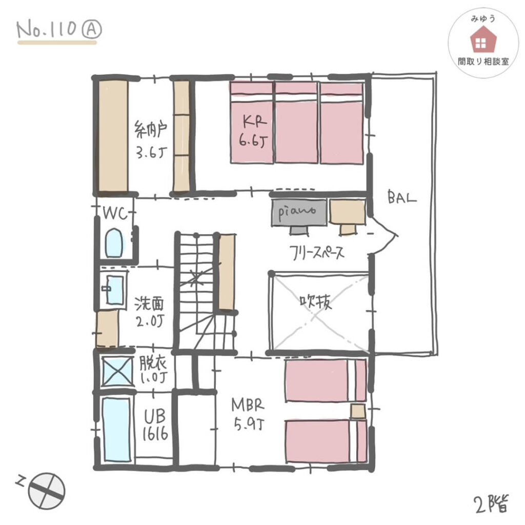 キッチン横にスタディルームがある子育てしやすい間取り【32坪3LDK2階建】No.110A-2階