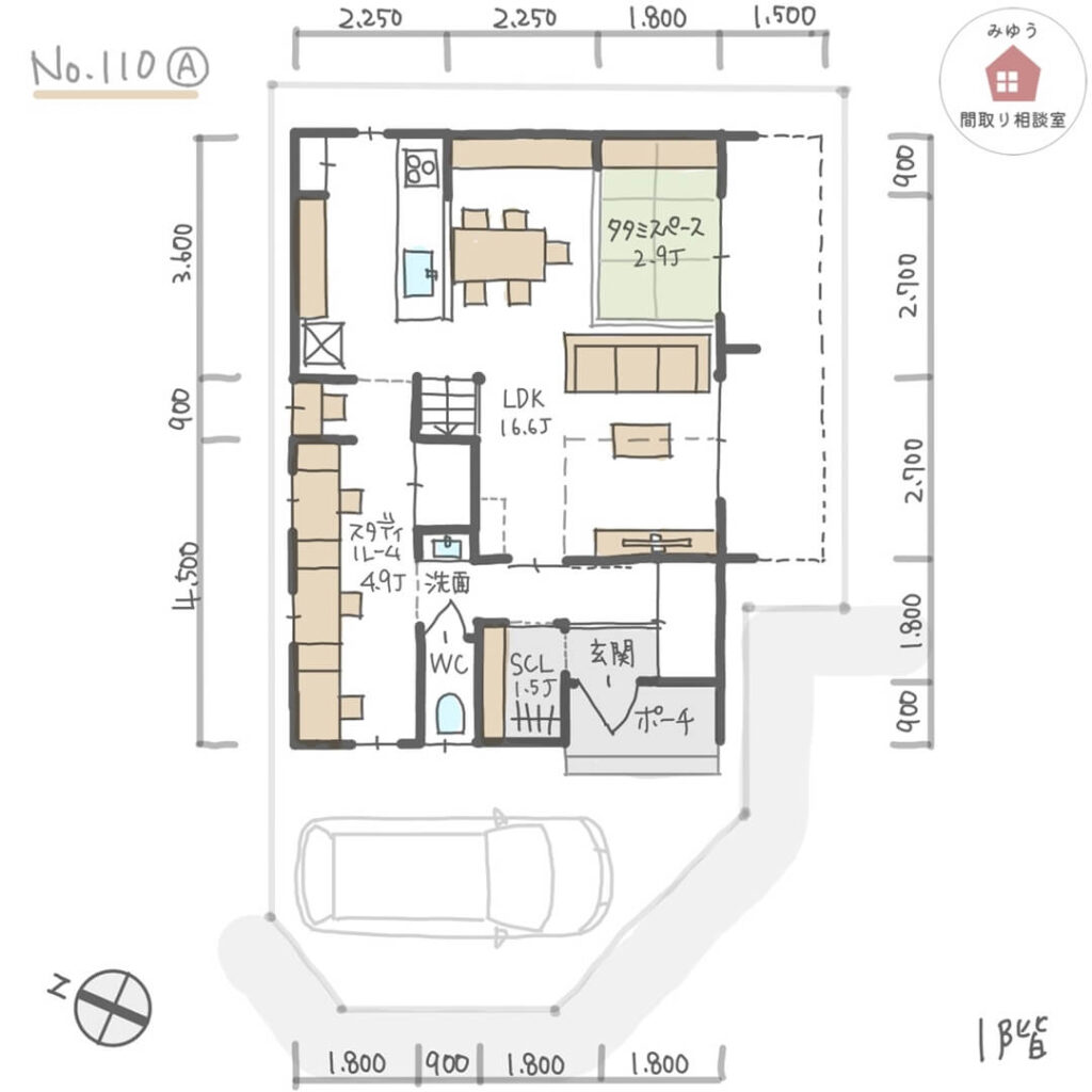 キッチン横にスタディルームがある子育てしやすい間取り【32坪3LDK2階建】No.110A-寸法有1階